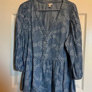 Blue Patterned Long Sleeve Dress